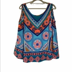 Pink Owl blouse cold shoulder Aztec print deep cut neckline size Small NWT